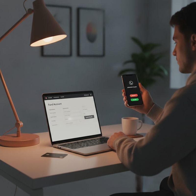 Trader taking a failed deposit follow-up call beside a laptop showing a trading platform funding page