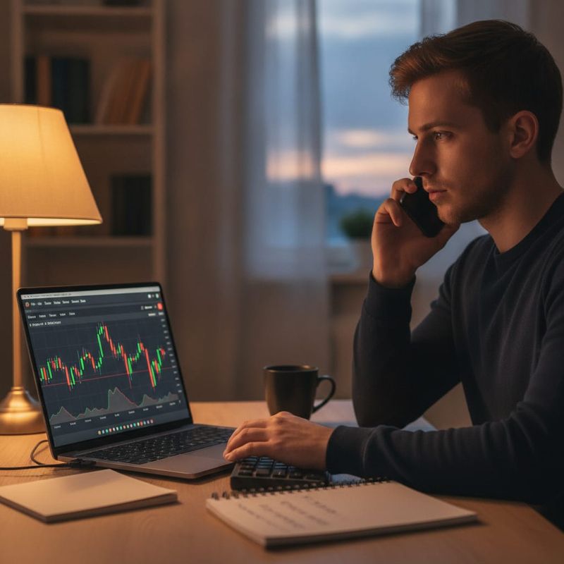 Trader on an AI follow-up call after a webinar, opening a demo account on a laptop