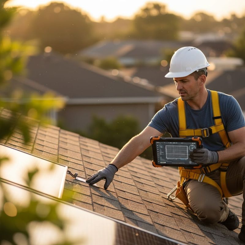 Solar technician assessing a roof during a site survey