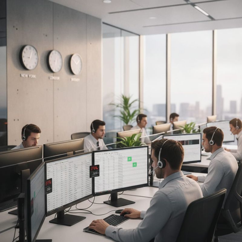 Forex call center floor with agents on headsets working a client list across time zones