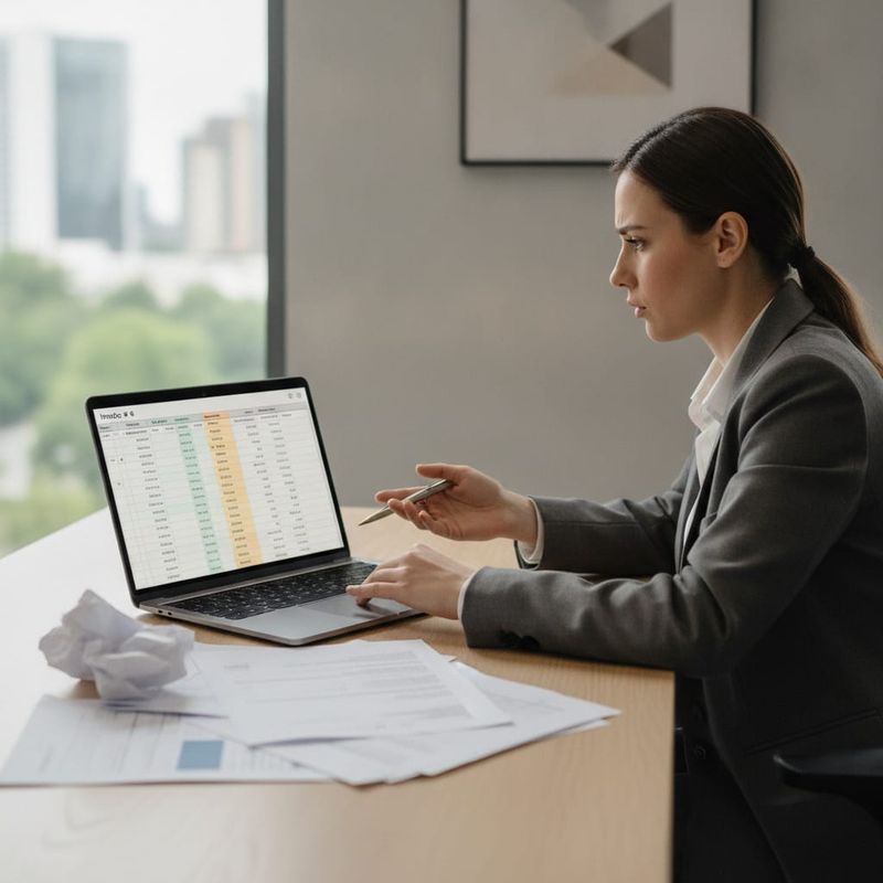 Accountant reviewing accounts receivable invoices with automated follow-up system