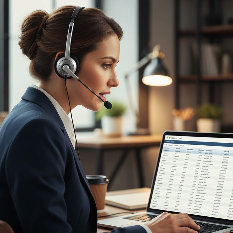 Sales professional wearing headset using AI-powered CRM for cold calling