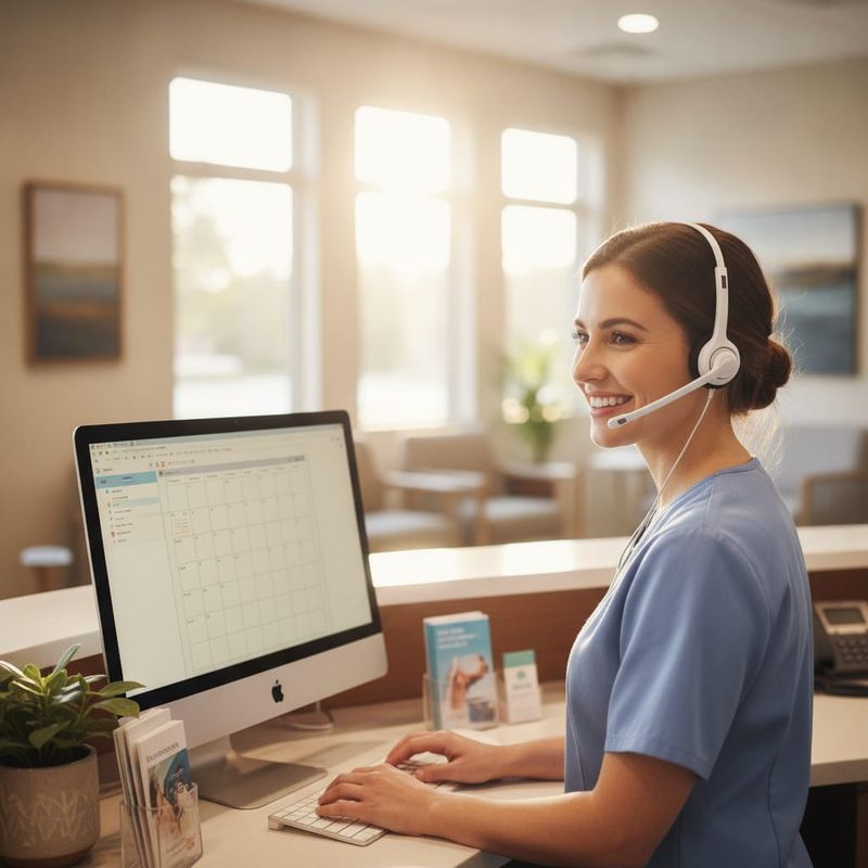 Medical receptionist handling patient scheduling calls at a clinic front desk