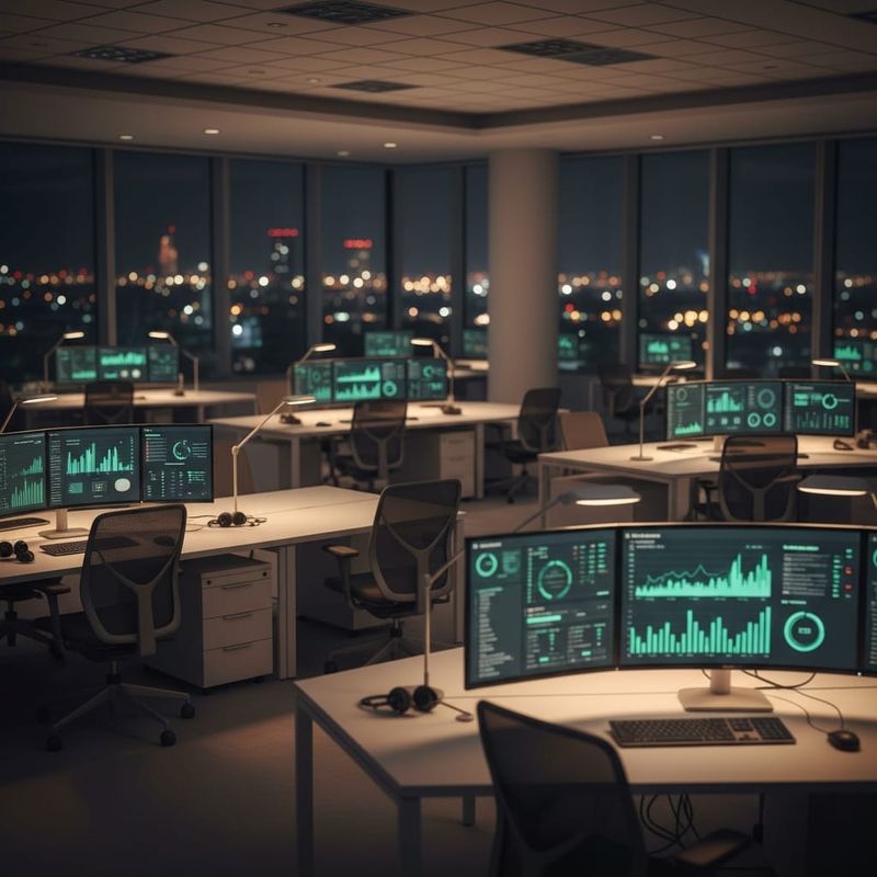 Modern sales office with multiple screens showing AI call campaign analytics dashboards