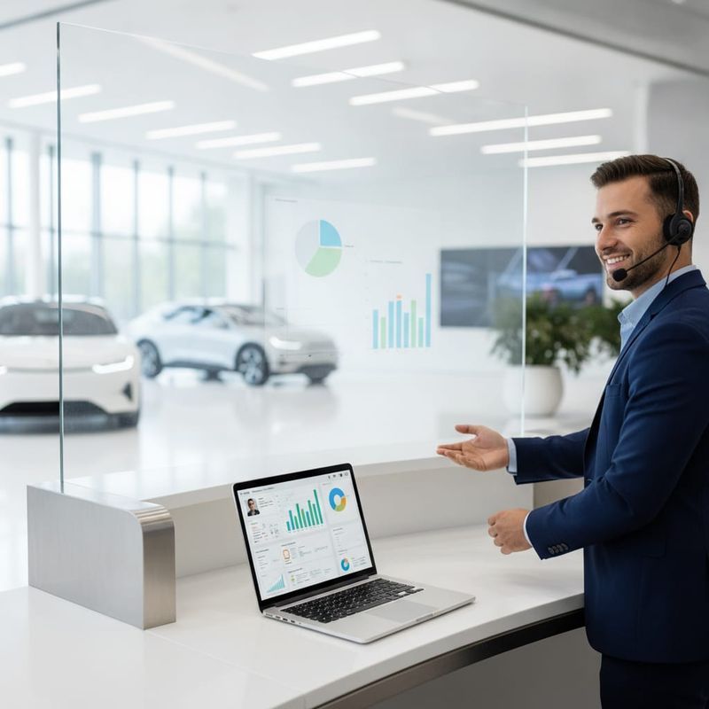 AI BDC dashboard and CRM on a dealership sales desk