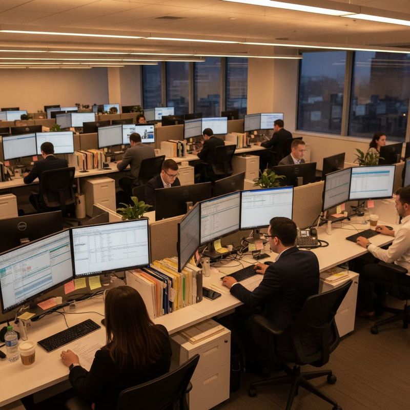 Accounting office during tax season with CPAs reviewing client documents