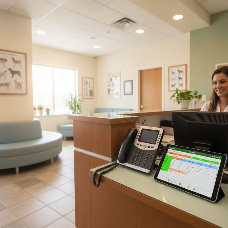 Veterinary clinic reception desk with appointment scheduling system