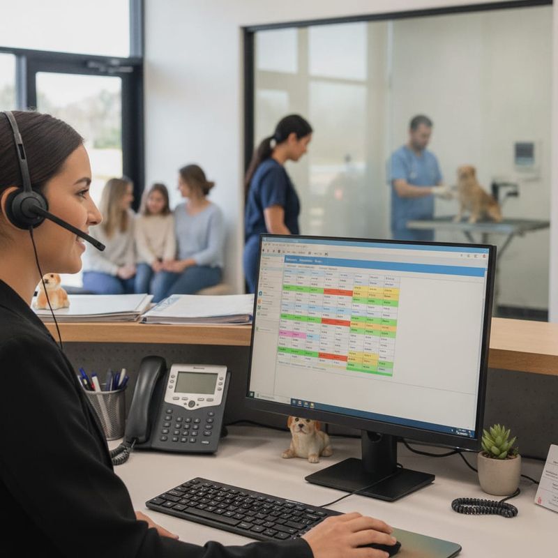 Vet clinic front desk managing call volume and appointment bookings