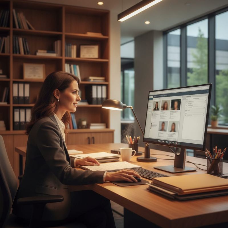University admissions counselor reviewing student applications on a computer