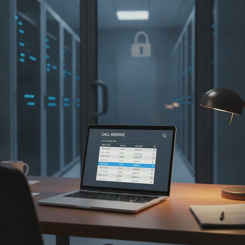 Call recording archive search on a laptop in front of a secure server room