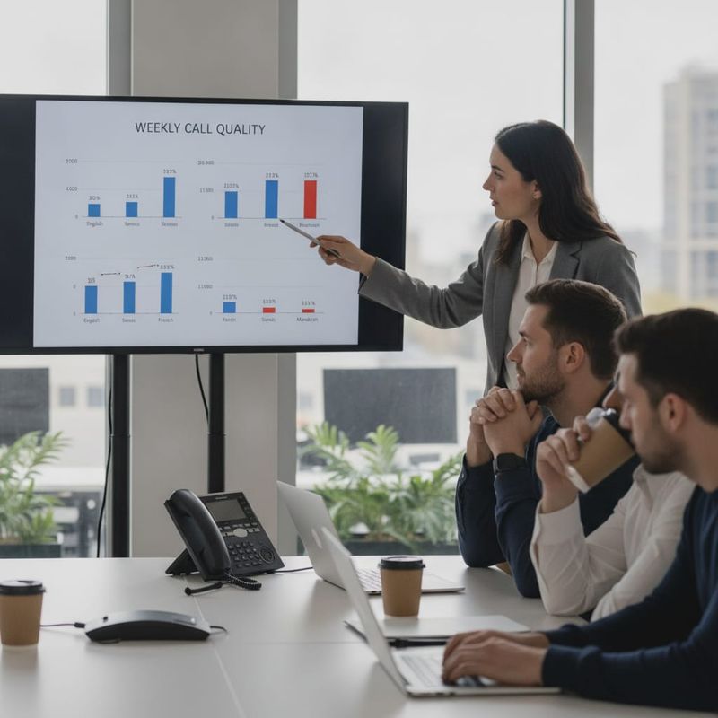 Brokerage operations and compliance team reviewing weekly AI call quality scores by language