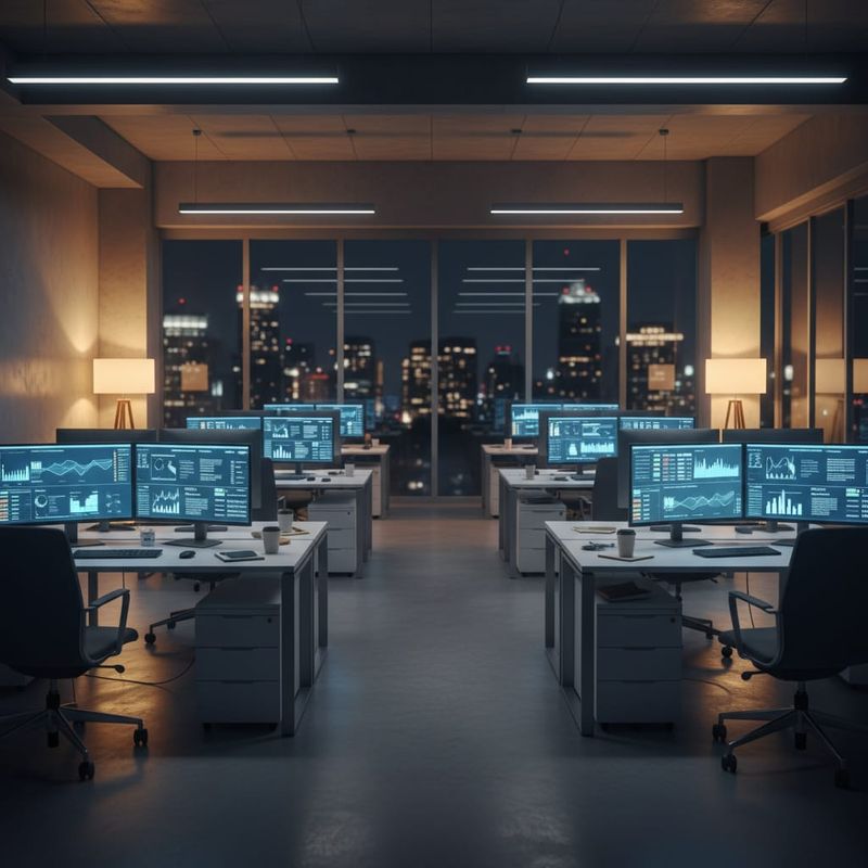 Sales office with AI voice agent activity dashboards running overnight