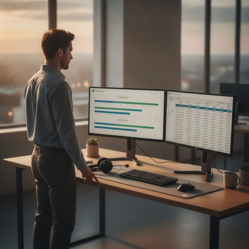 Retention analyst reading pilot connect rates on a call analytics dashboard beside an MT5 account list