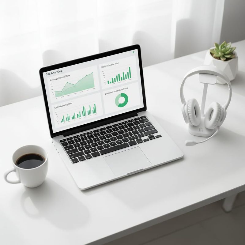 Call analytics dashboard on laptop with headset showing AI cold calling metrics