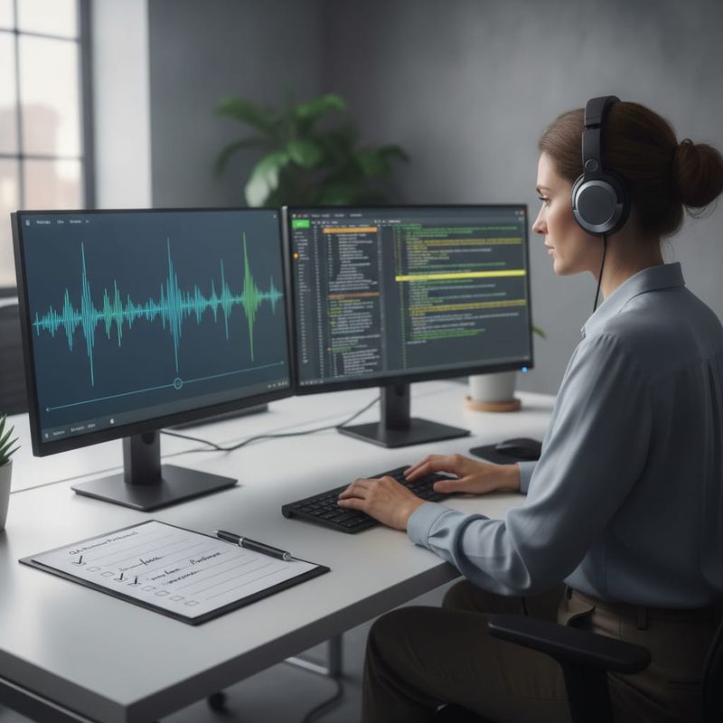 Brokerage QA reviewer scoring an AI voice call recording against a printed checklist