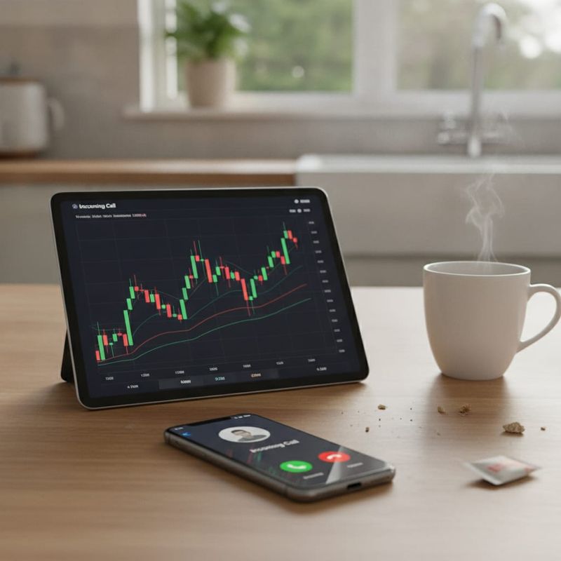 New trader receiving a first-deposit confirmation call beside a tablet with a trading chart