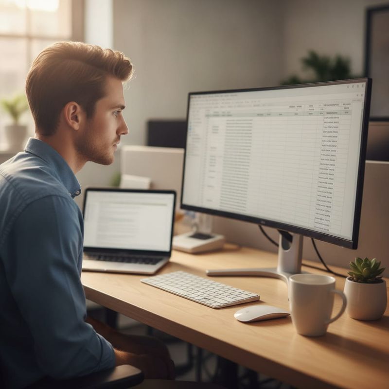 Operations analyst reviewing a spreadsheet of AI call logs on a monitor