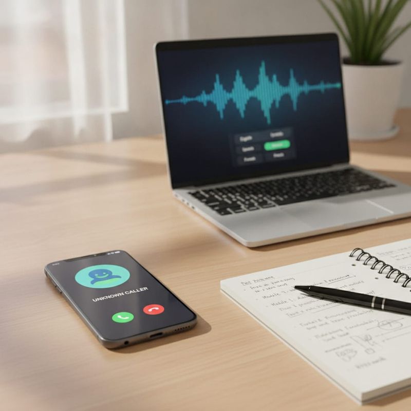 Phone and laptop set up to test an AI voice for latency, accent and pronunciation