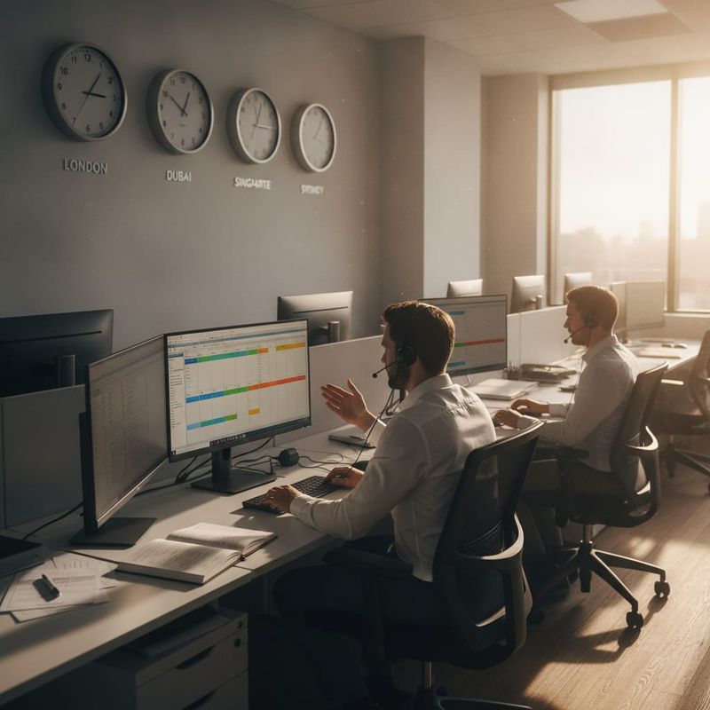 Brokerage retention desk with world clocks planning dormant trader call windows