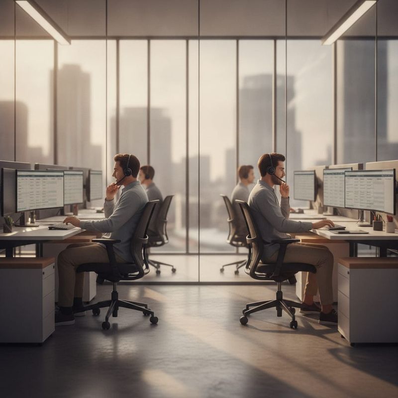 Forex brokerage retention desk with agents on handoff calls beside an automated calling dashboard