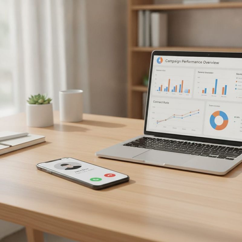 Phone receiving an automated reactivation call beside a campaign analytics dashboard