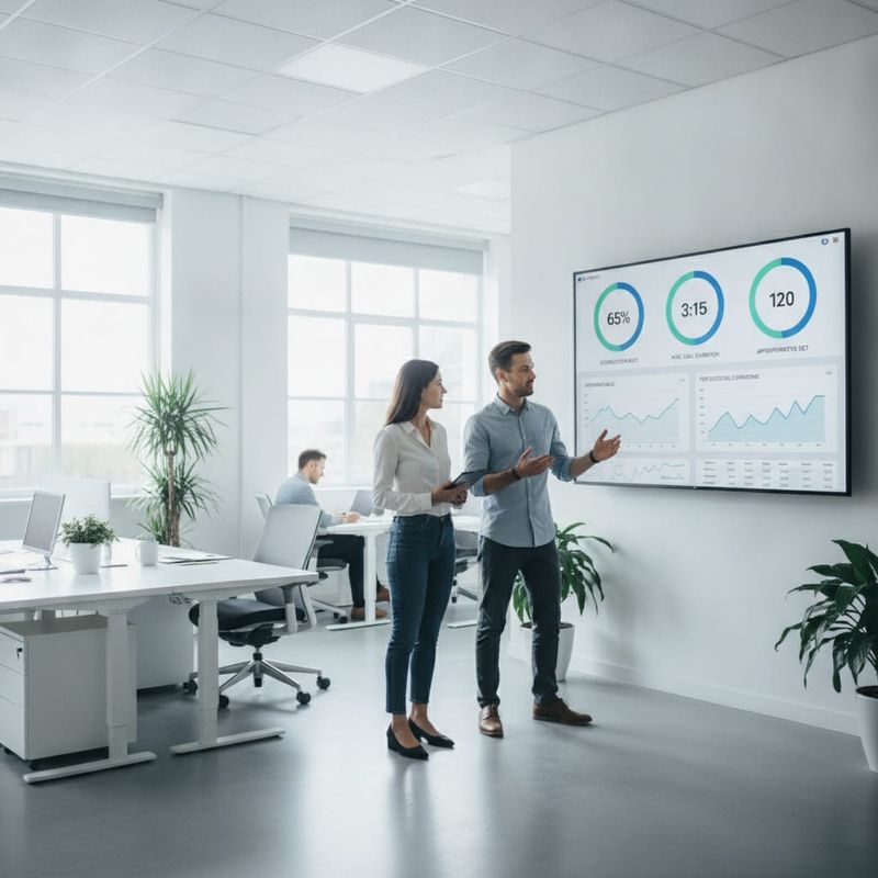 Sales team reviewing outbound AI voice calling campaign results and analytics