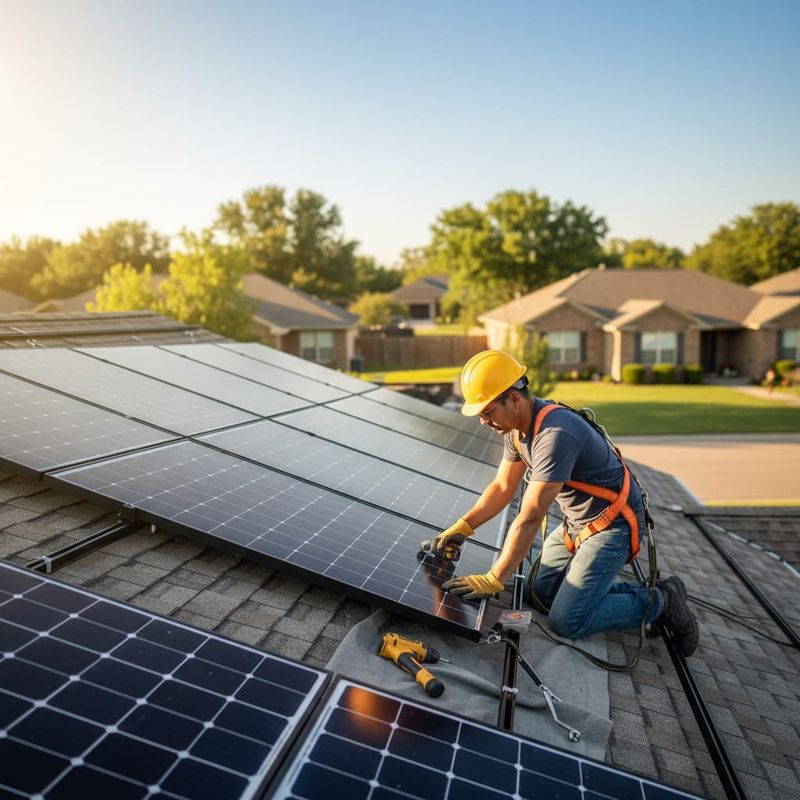 Solar installer fitting rooftop panels on a suburban home
