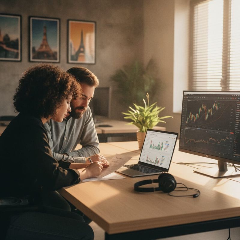 Brokerage marketing team reviewing a localized AI call script beside a call analytics dashboard and an MT5 chart