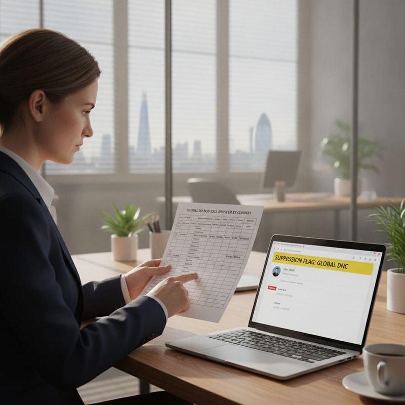 Broker compliance officer checking do-not-call register screening against a CRM trader record