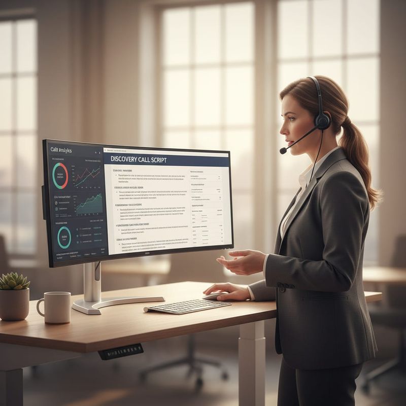 Sales professional reviewing AI cold call script with analytics dashboard