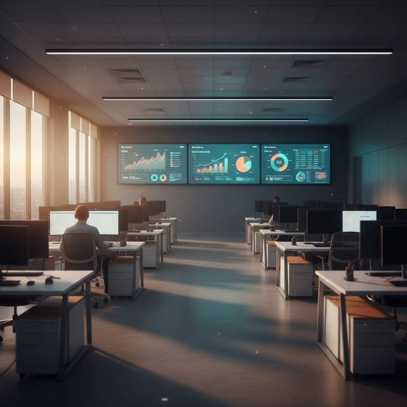Modern contact center floor with only a few agents and AI analytics screens