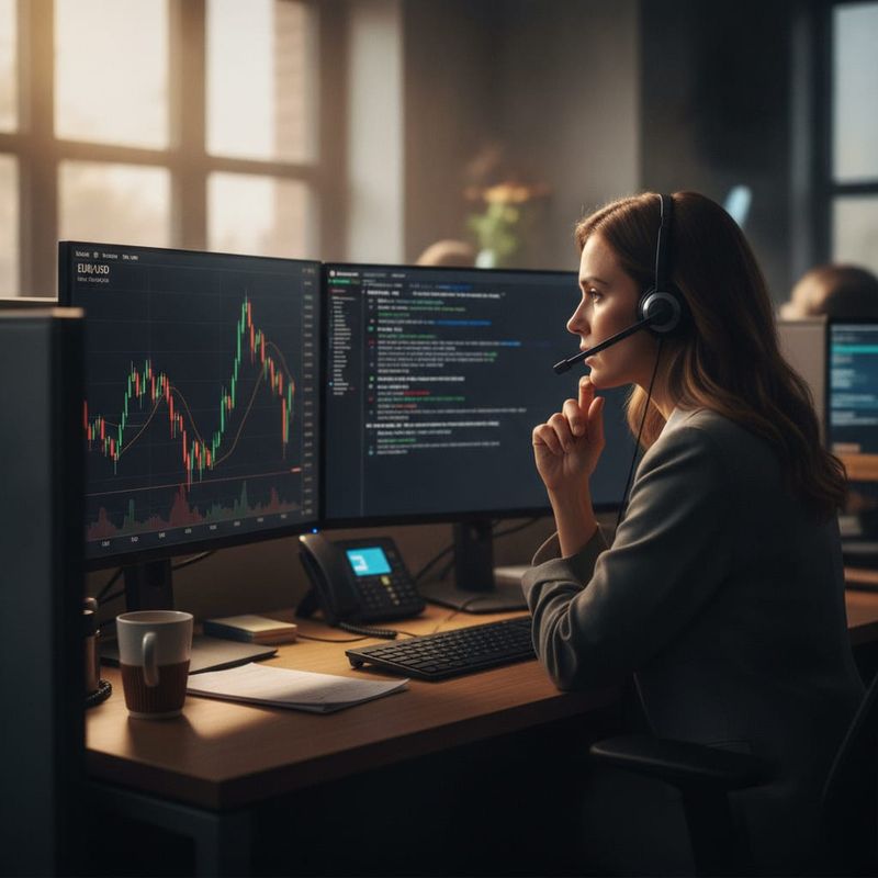 Brokerage account manager on a headset reviewing a live AI call transcript beside a currency chart