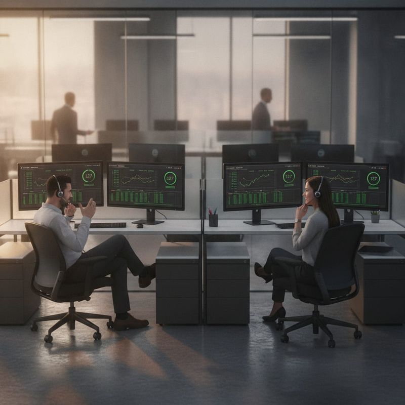 Brokerage retention desk with two agents on calls beside an automated call dashboard