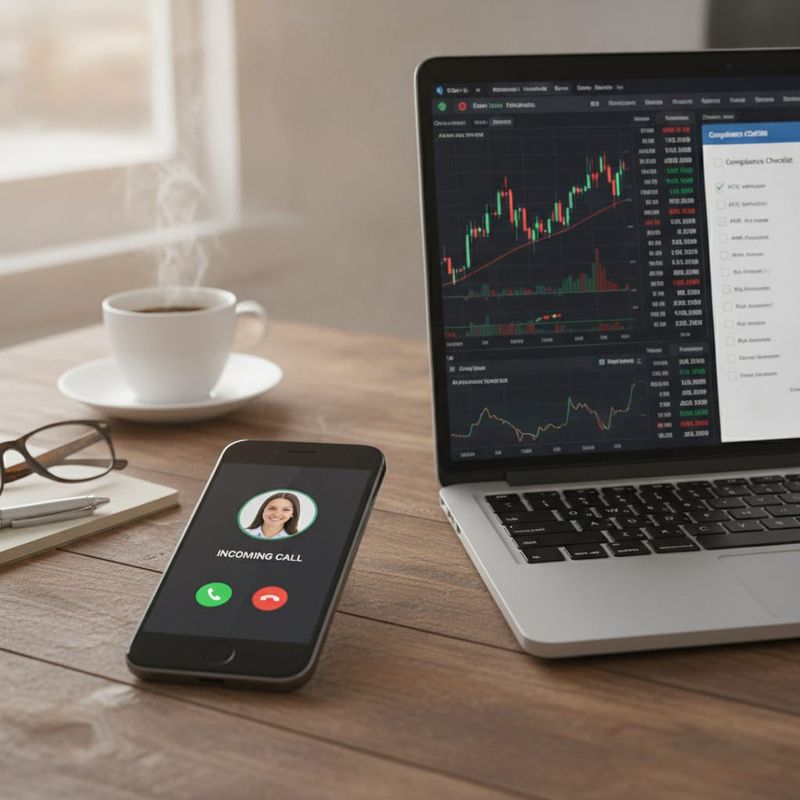 Phone receiving a broker engagement call beside a laptop with a trading platform and compliance checklist