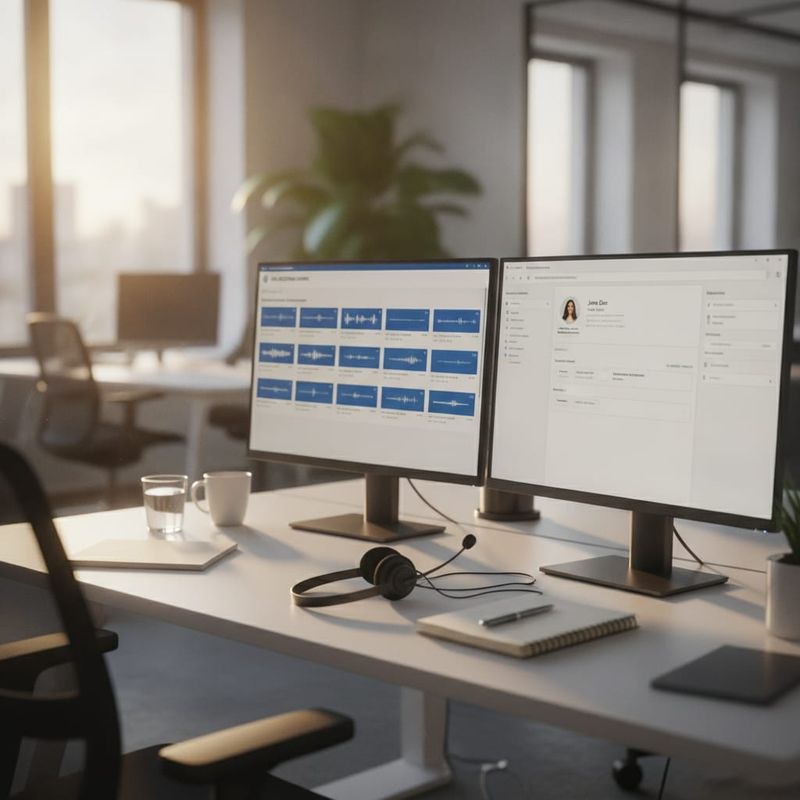 Compliance desk reviewing AI voice call recordings next to a CRM record