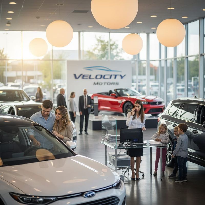 Car dealership showroom with sales rep handling lead calls while customers browse vehicles