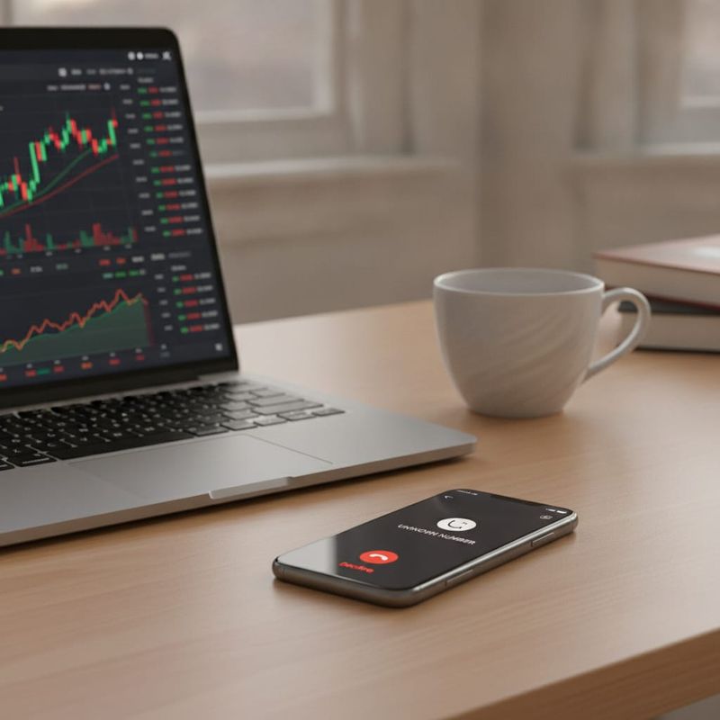 Demo account trader receiving a follow-up call beside a laptop showing a trading platform