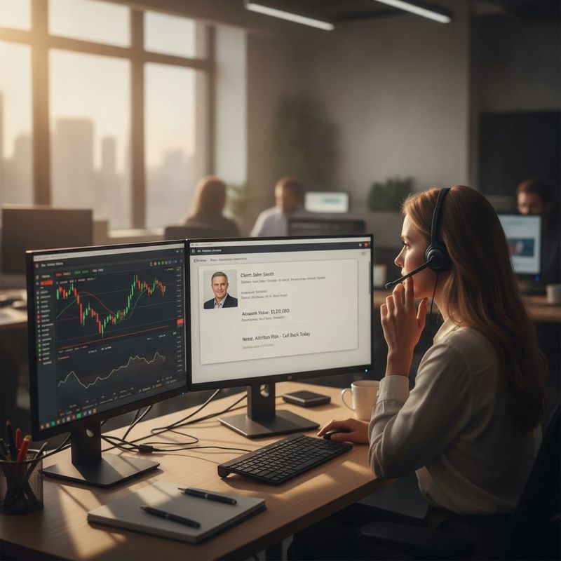 Account manager taking a transferred trader reactivation call at a brokerage desk
