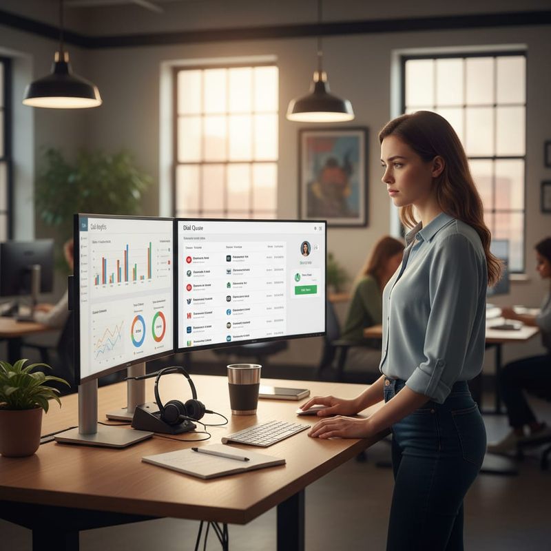 Sales rep reviewing parallel dialer analytics and call queue on office monitors