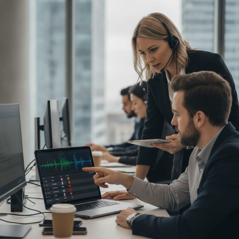 Brokerage retention team reviewing AI voice samples by market on a laptop