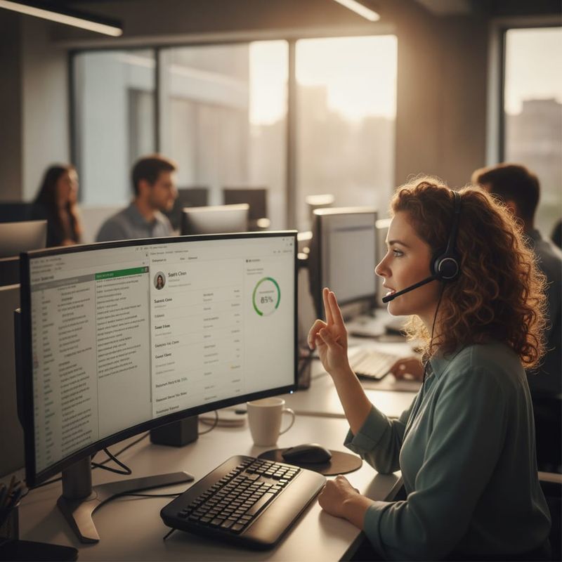 Retention agent at a brokerage desk reviewing a live AI call transcript