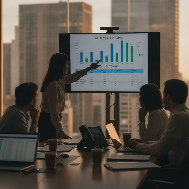 Brokerage operations team reviewing weekly AI call handoff metrics on a dashboard