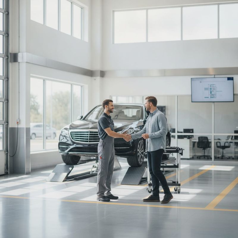 Service advisor greeting a customer in a dealership service bay