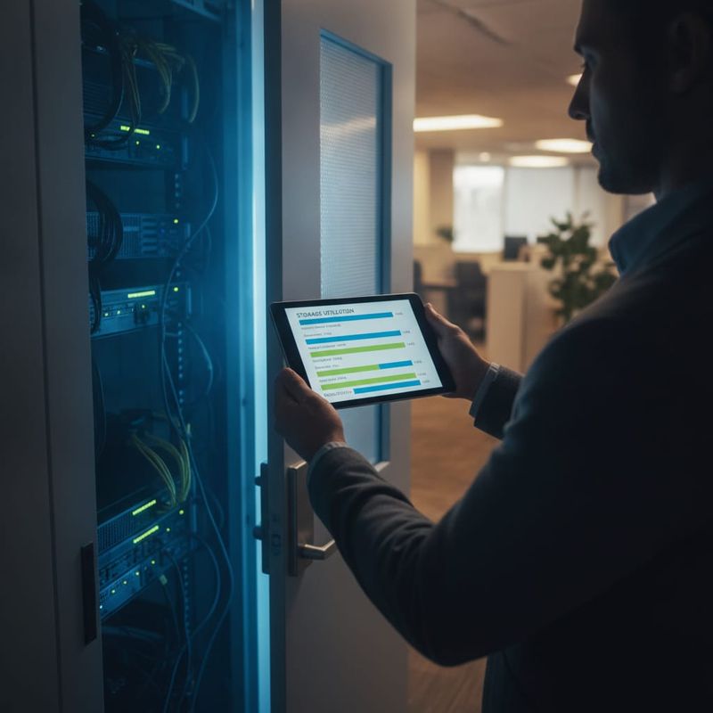 Compliance analyst checking a storage dashboard where brokerage AI call recordings are kept