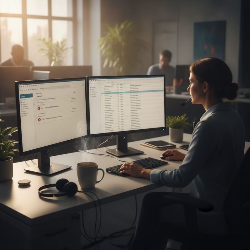 Brokerage CRM admin mapping AI call outcomes to contact fields on a dual-monitor workstation