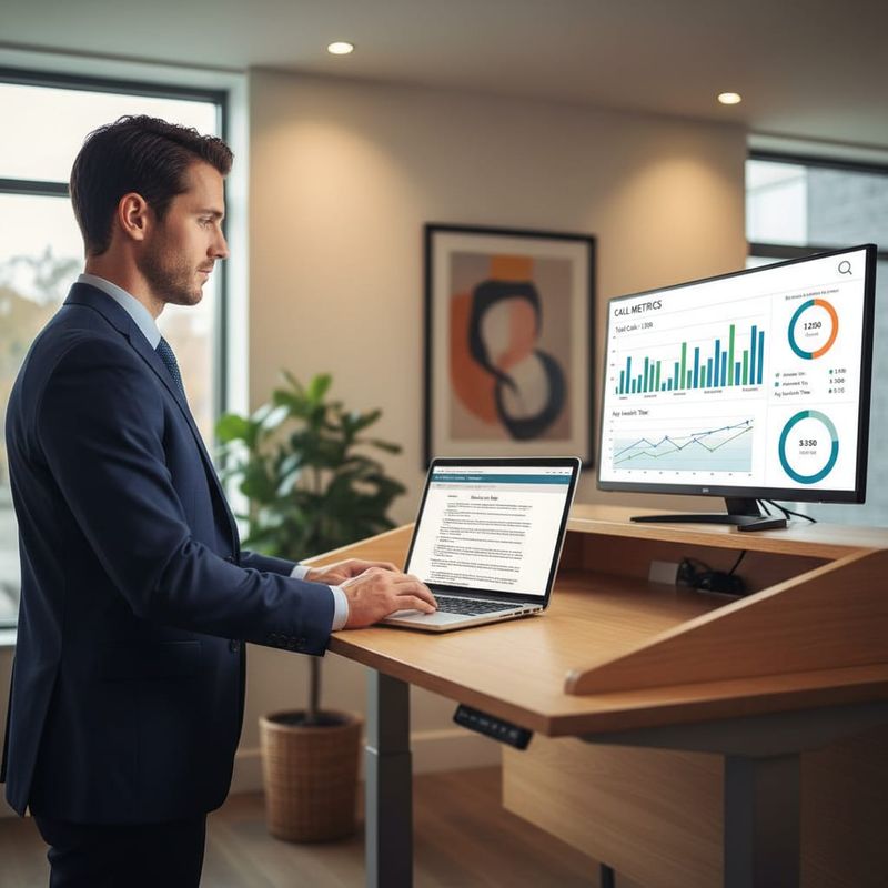 Insurance agent reviewing AI call analytics dashboard showing lead qualification metrics