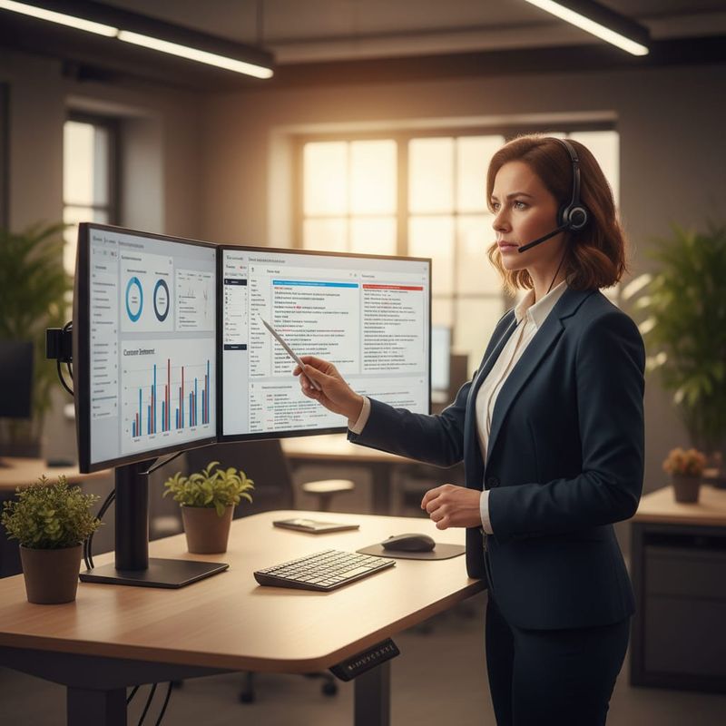 Sales rep reviewing AI voice agent call transcripts and analytics on dual monitors