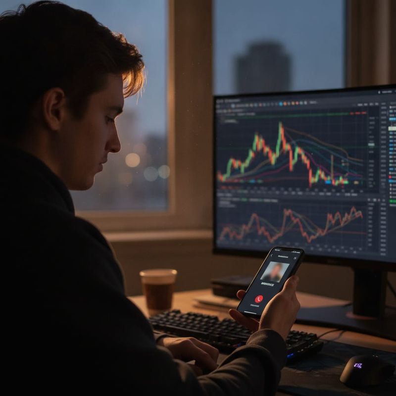 Trader receiving a phone call at a desk with a forex chart on the monitor