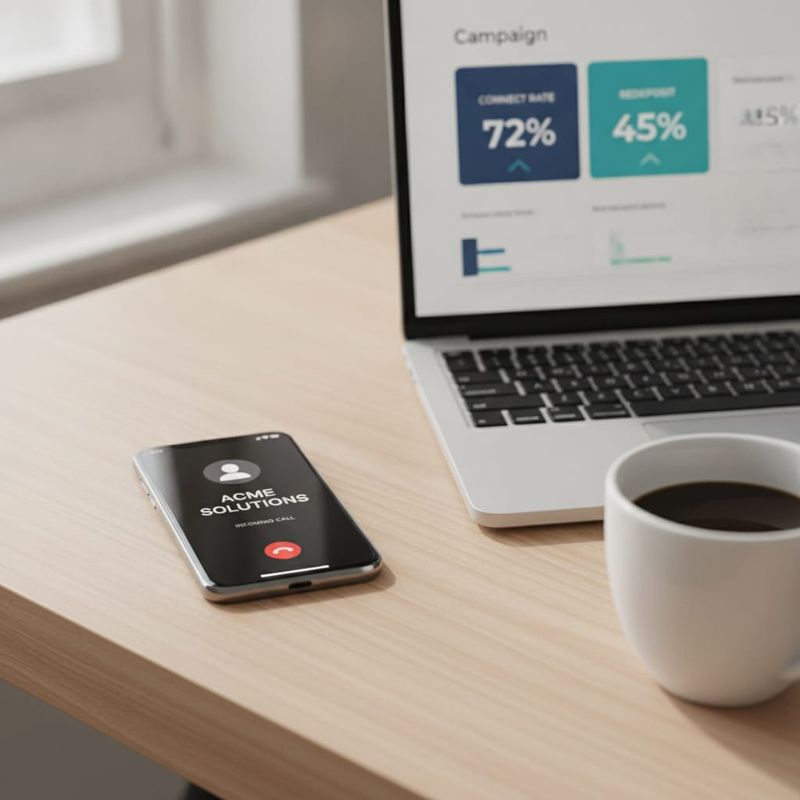 Smartphone showing an incoming branded call beside a campaign dashboard with connect rate tiles