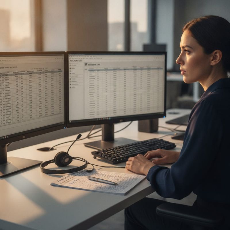 Brokerage operations desk with a campaign cost spreadsheet beside a trading platform account list